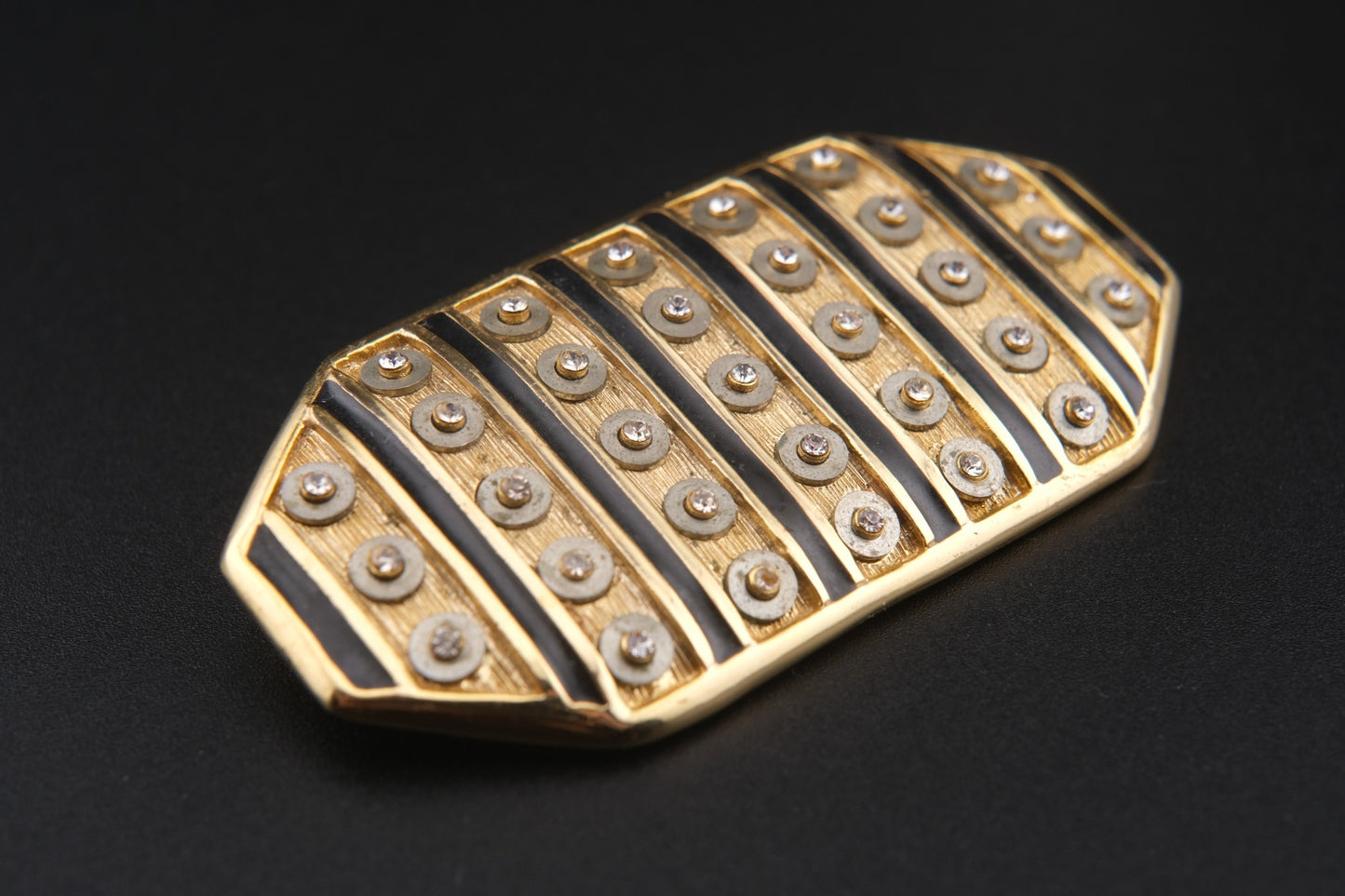 Vintage Orena Paris Geometric Brooch – Gold-Tone with Black Enamel & Rhinestones