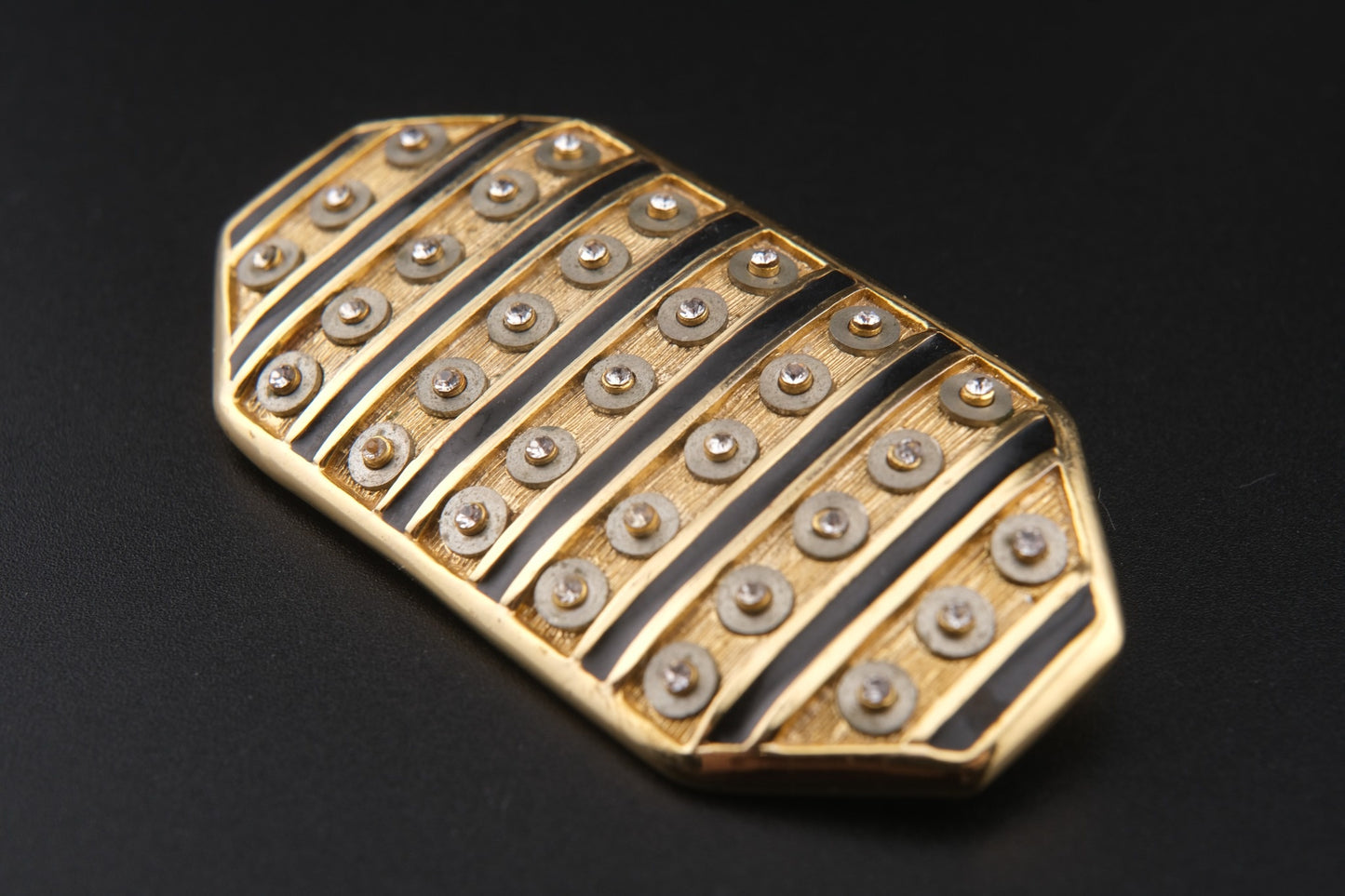 Vintage Orena Paris Geometric Brooch – Gold-Tone with Black Enamel & Rhinestones