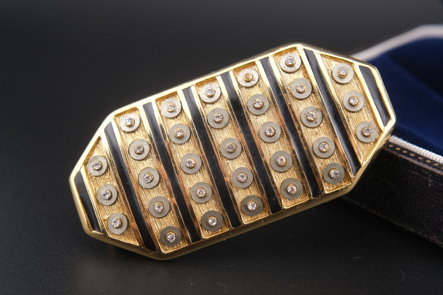 Vintage Orena Paris Geometric Brooch – Gold-Tone with Black Enamel & Rhinestones