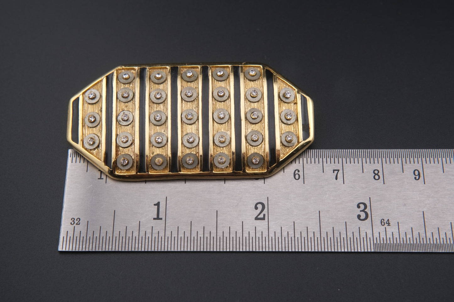 Vintage Orena Paris Geometric Brooch – Gold-Tone with Black Enamel & Rhinestones