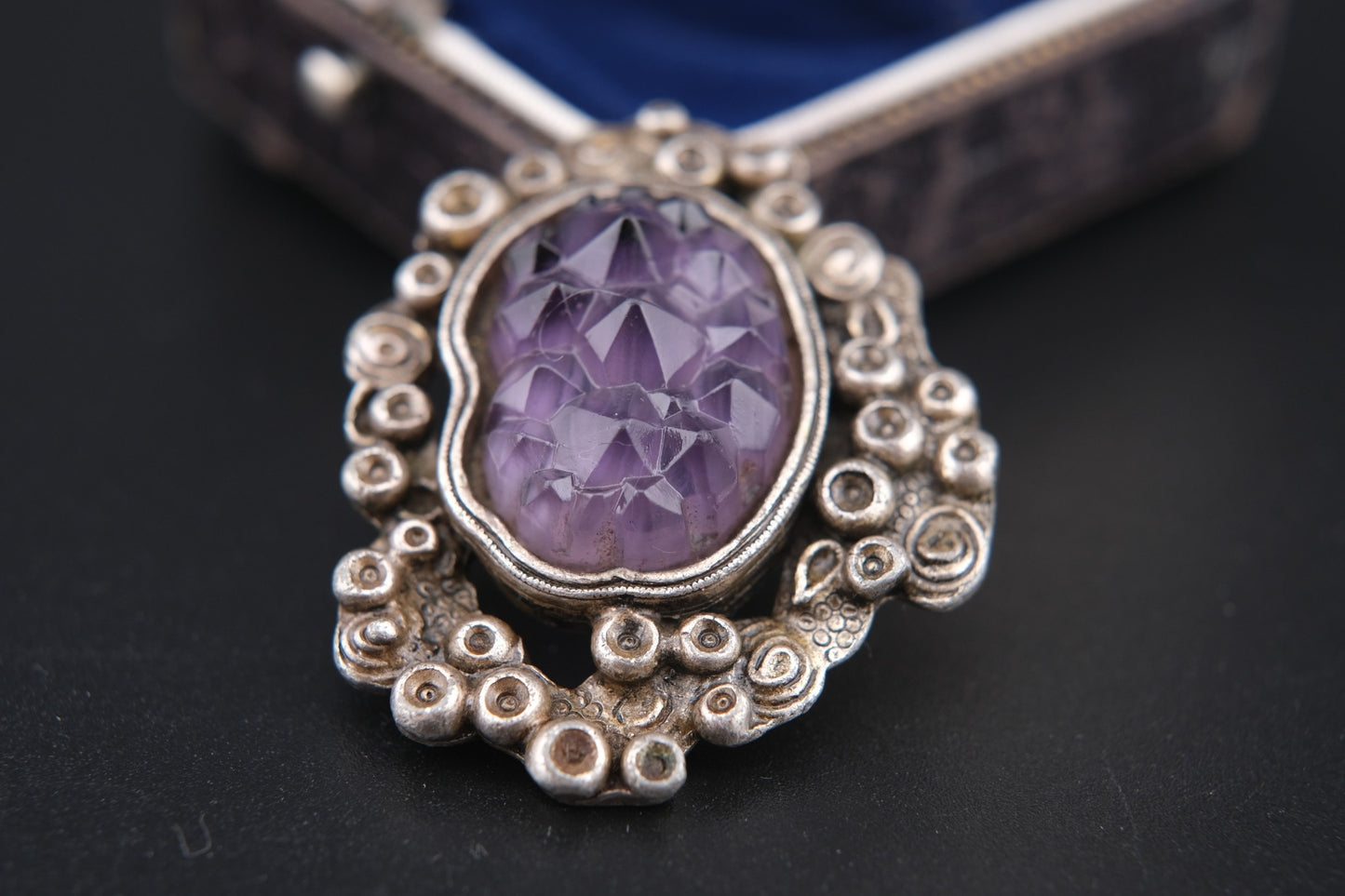 Vintage Miracle Celtic Revival Brooch – Faceted Amethyst Glass in Silver-Tone Setting