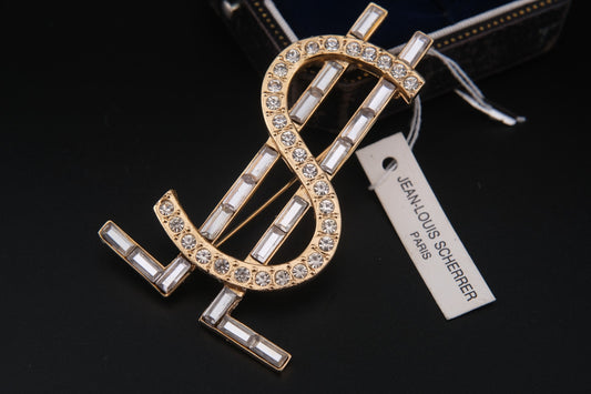 Vintage Jean-Louis Scherrer Paris Dollar Sign Brooch – Gold-Tone with Rhinestones