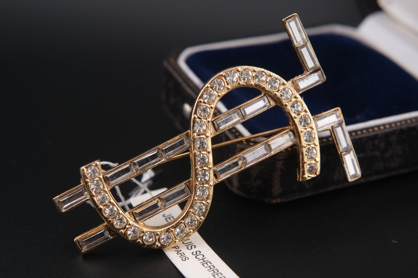 Vintage Jean-Louis Scherrer Paris Dollar Sign Brooch – Gold-Tone with Rhinestones