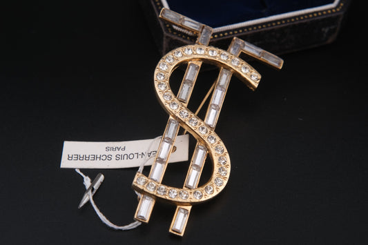 Vintage Jean-Louis Scherrer Paris Dollar Sign Brooch – Gold-Tone with Rhinestones