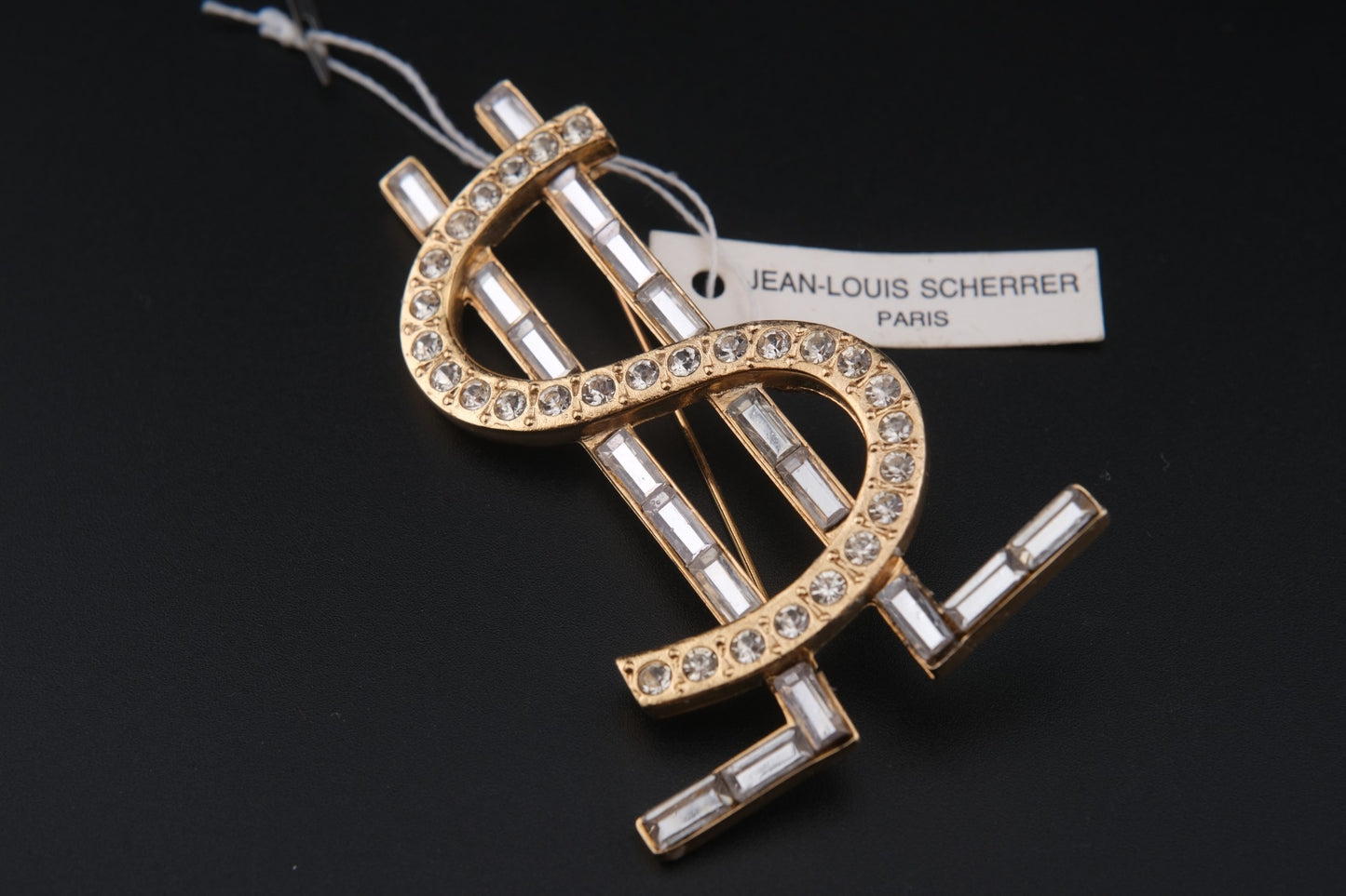 Vintage Jean-Louis Scherrer Paris Dollar Sign Brooch – Gold-Tone with Rhinestones