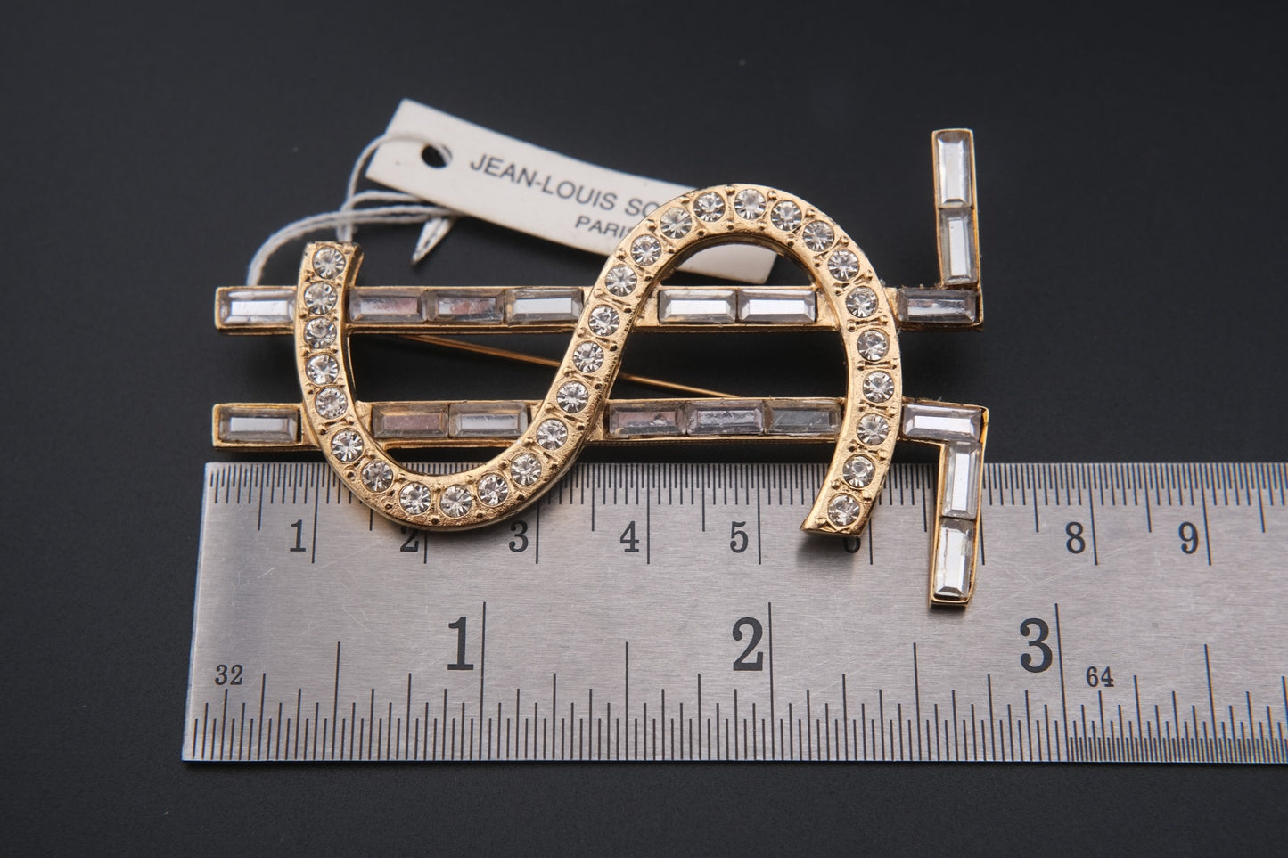 Vintage Jean-Louis Scherrer Paris Dollar Sign Brooch – Gold-Tone with Rhinestones