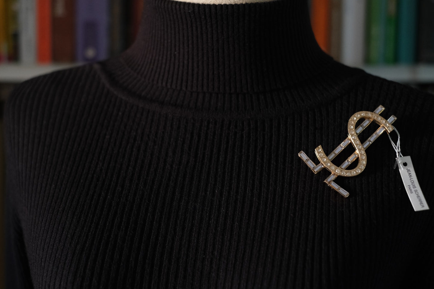 Vintage Jean-Louis Scherrer Paris Dollar Sign Brooch – Gold-Tone with Rhinestones