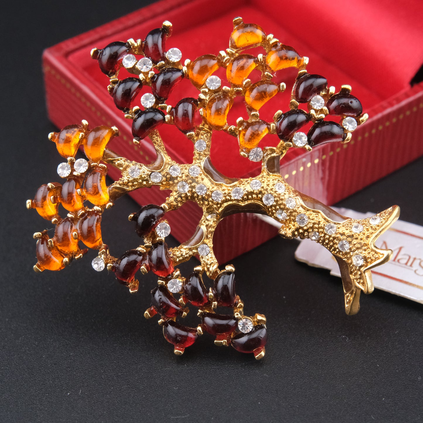 Vintage Margot Townsend Tree of Life Brooch – Amber Glass & Crystals in Gold Tone