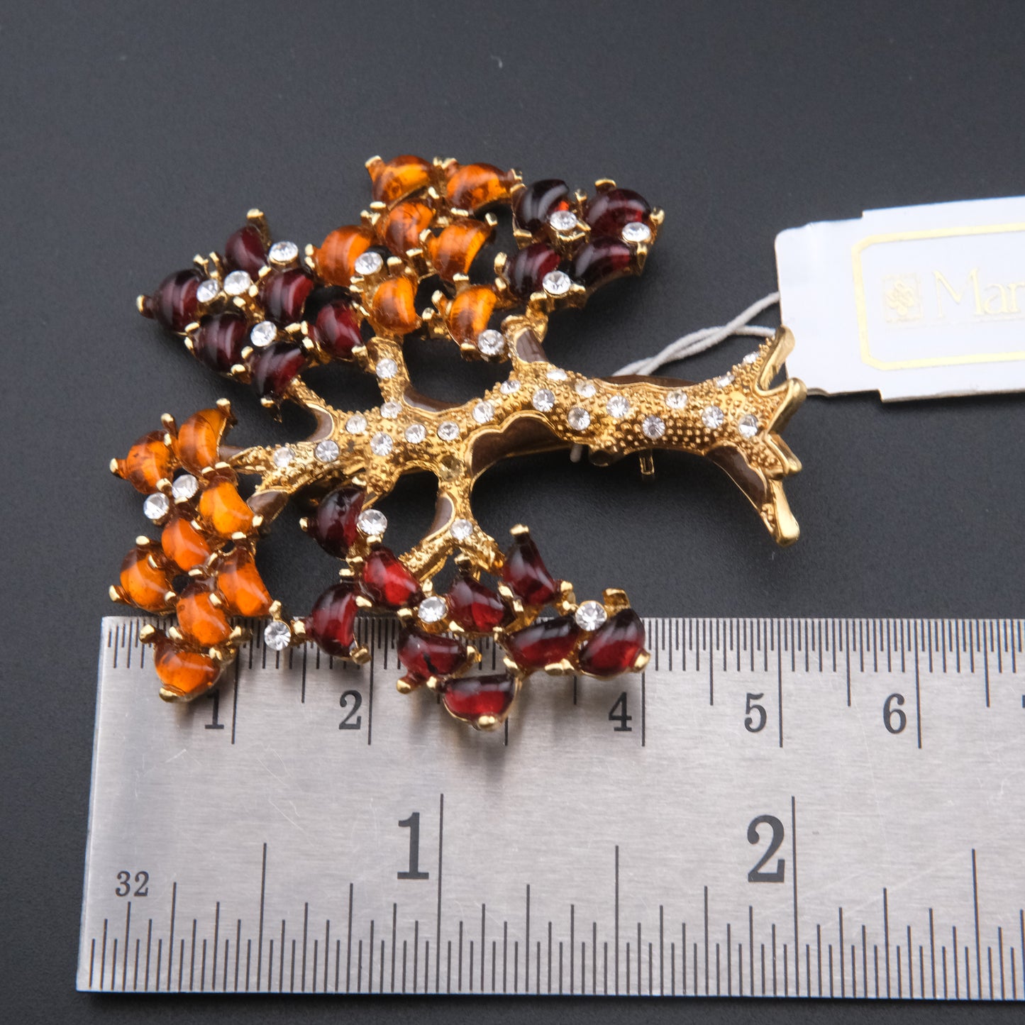 Vintage Margot Townsend Tree of Life Brooch – Amber Glass & Crystals in Gold Tone