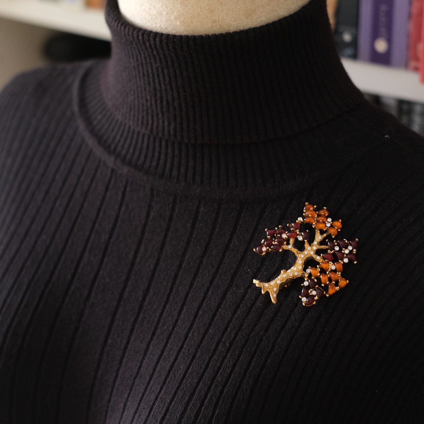 Vintage Margot Townsend Tree of Life Brooch – Amber Glass & Crystals in Gold Tone