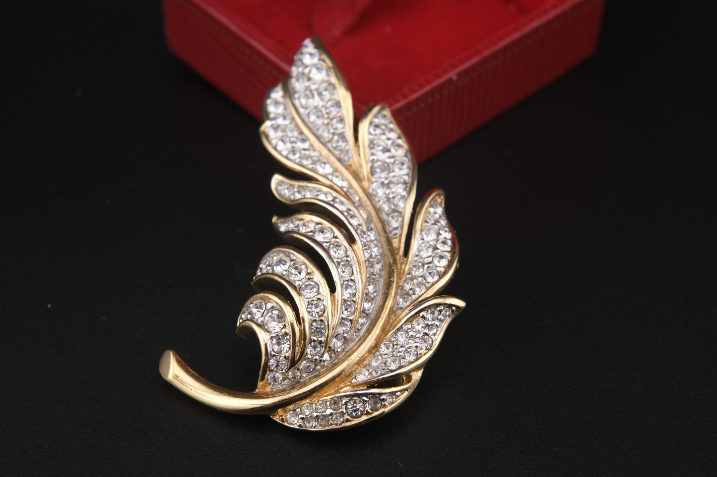 Vintage Attwood & Sawyer Gold-Tone Crystal Leaf Brooch