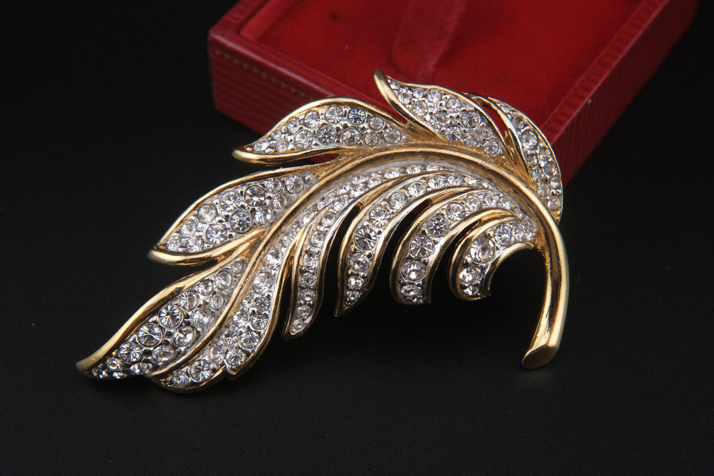 Vintage Attwood & Sawyer Gold-Tone Crystal Leaf Brooch