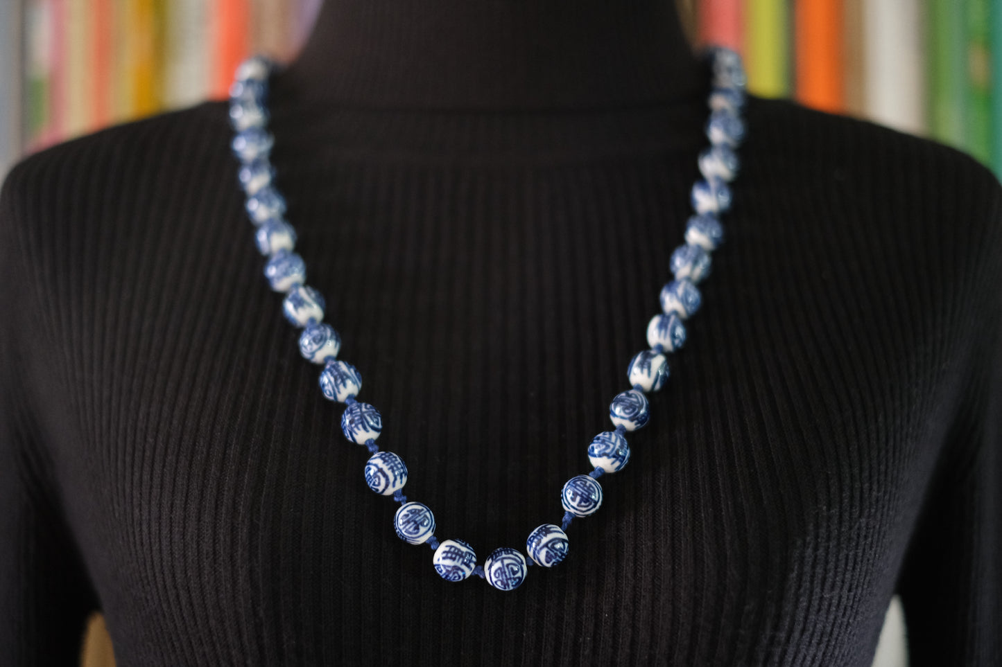 Vintage Chinese Porcelain Bead Necklace – Hand Painted Blue & White