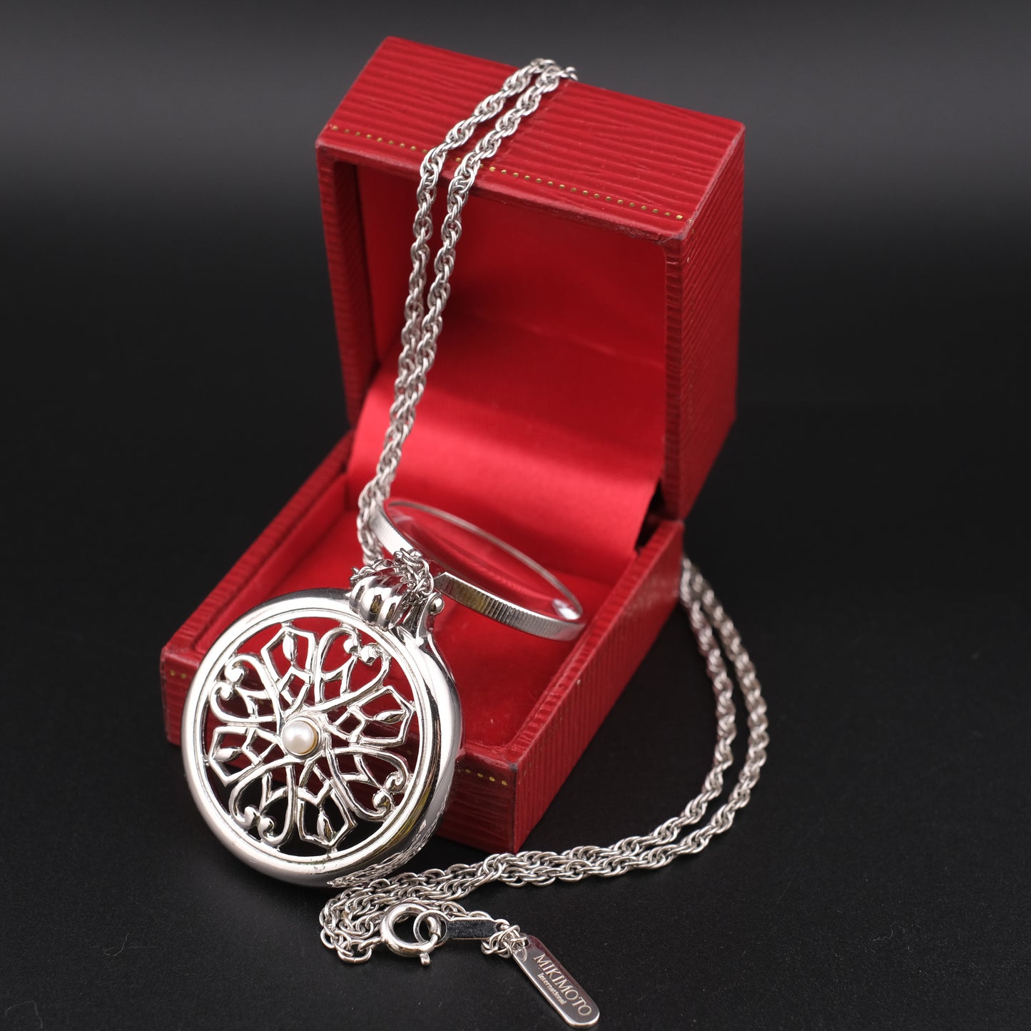 Vintage Mikimoto Loupe Pendant Necklace with Pearl Accent, Silver-Tone, 24" Chain