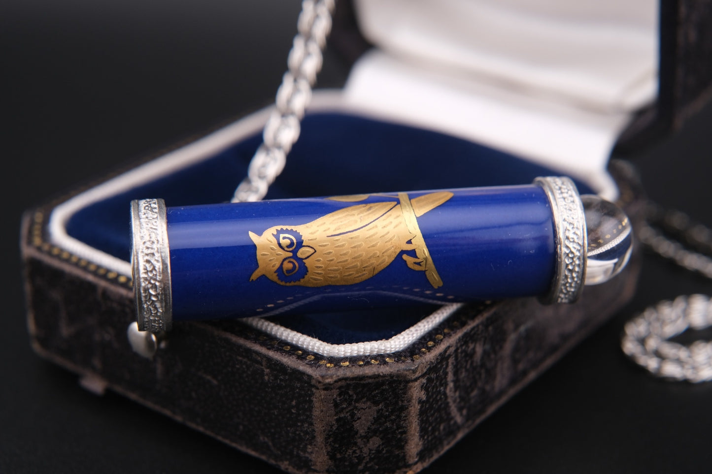 Koransha Blue Porcelain Kaleidoscope Pendant Necklace – Silver-Tone Accents with Glass Orb Tip