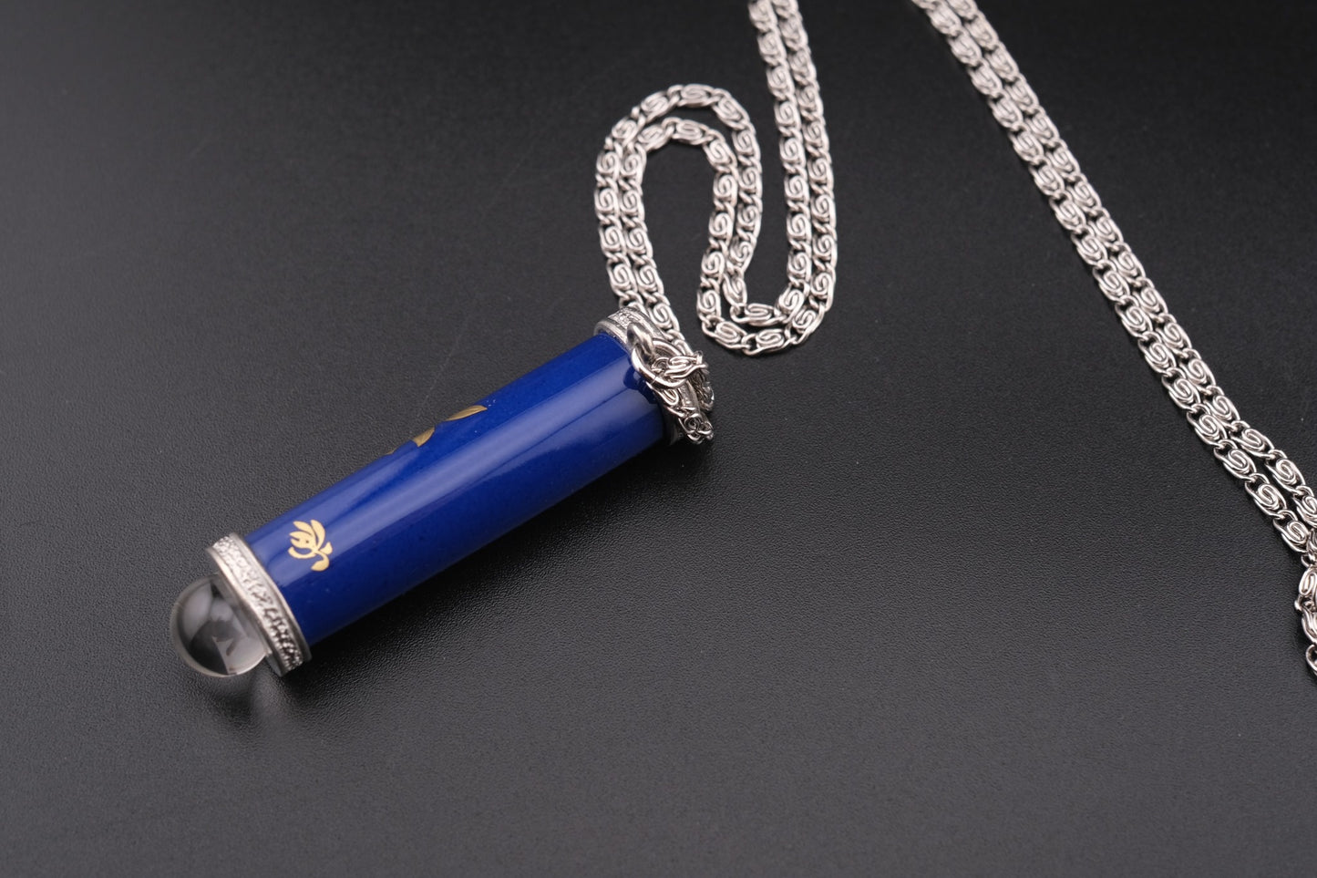Koransha Blue Porcelain Kaleidoscope Pendant Necklace – Silver-Tone Accents with Glass Orb Tip