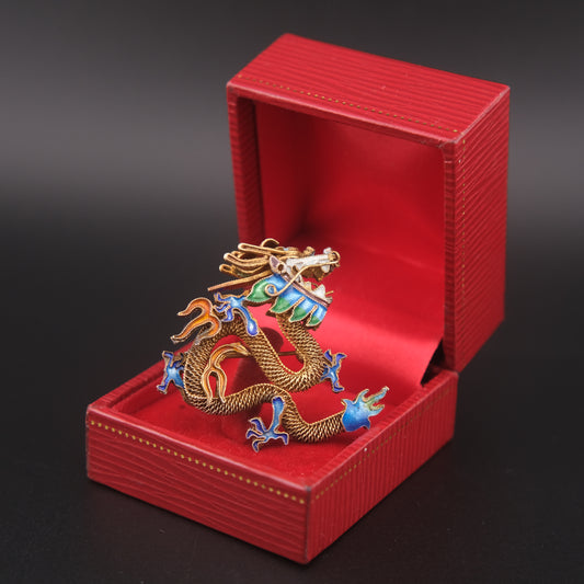 Vintage Chinese Dragon Brooch – Enamel & Silver Filigree, Multicolor