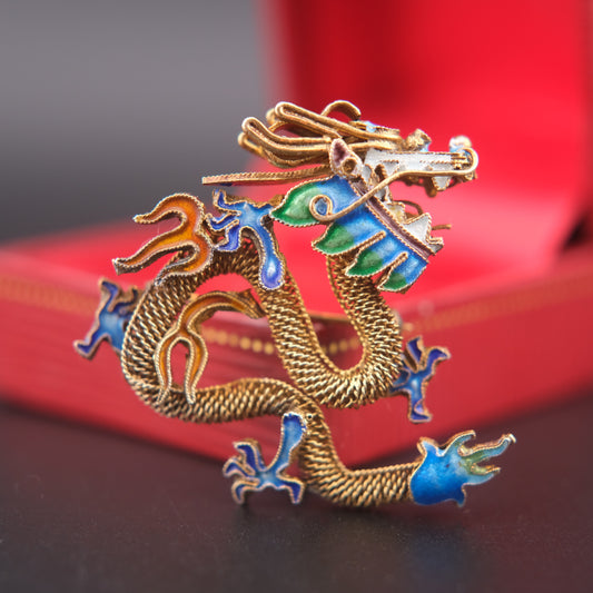 Vintage Chinese Dragon Brooch – Enamel & Silver Filigree, Multicolor