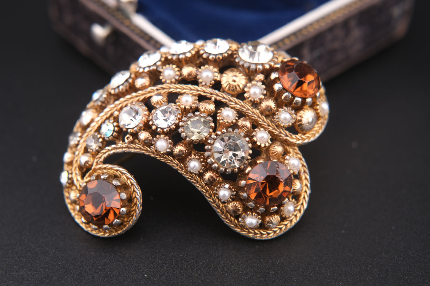 Vintage Nina Ricci Paisley Brooch – Gold-Tone with Rhinestones & Faux Pearls