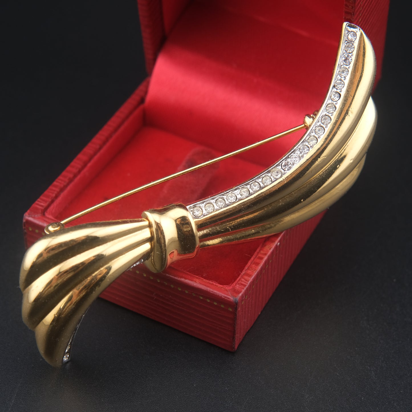 Vintage Yves Saint Laurent Gold-Tone Ribbon Brooch with Rhinestones – 3"