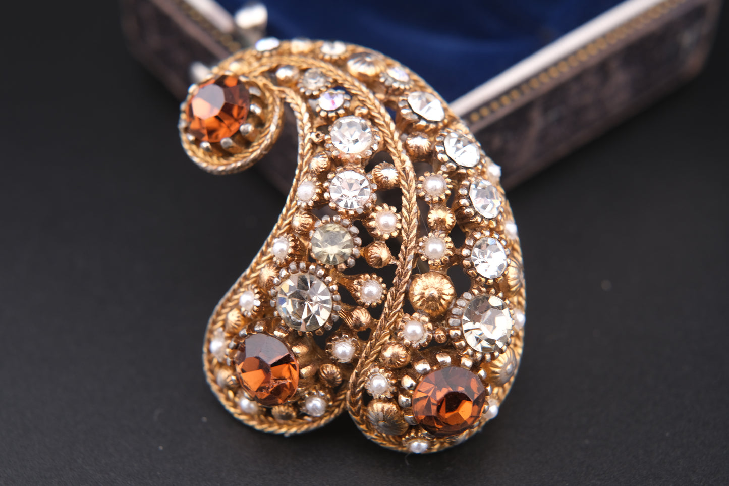 Vintage Nina Ricci Paisley Brooch – Gold-Tone with Rhinestones & Faux Pearls