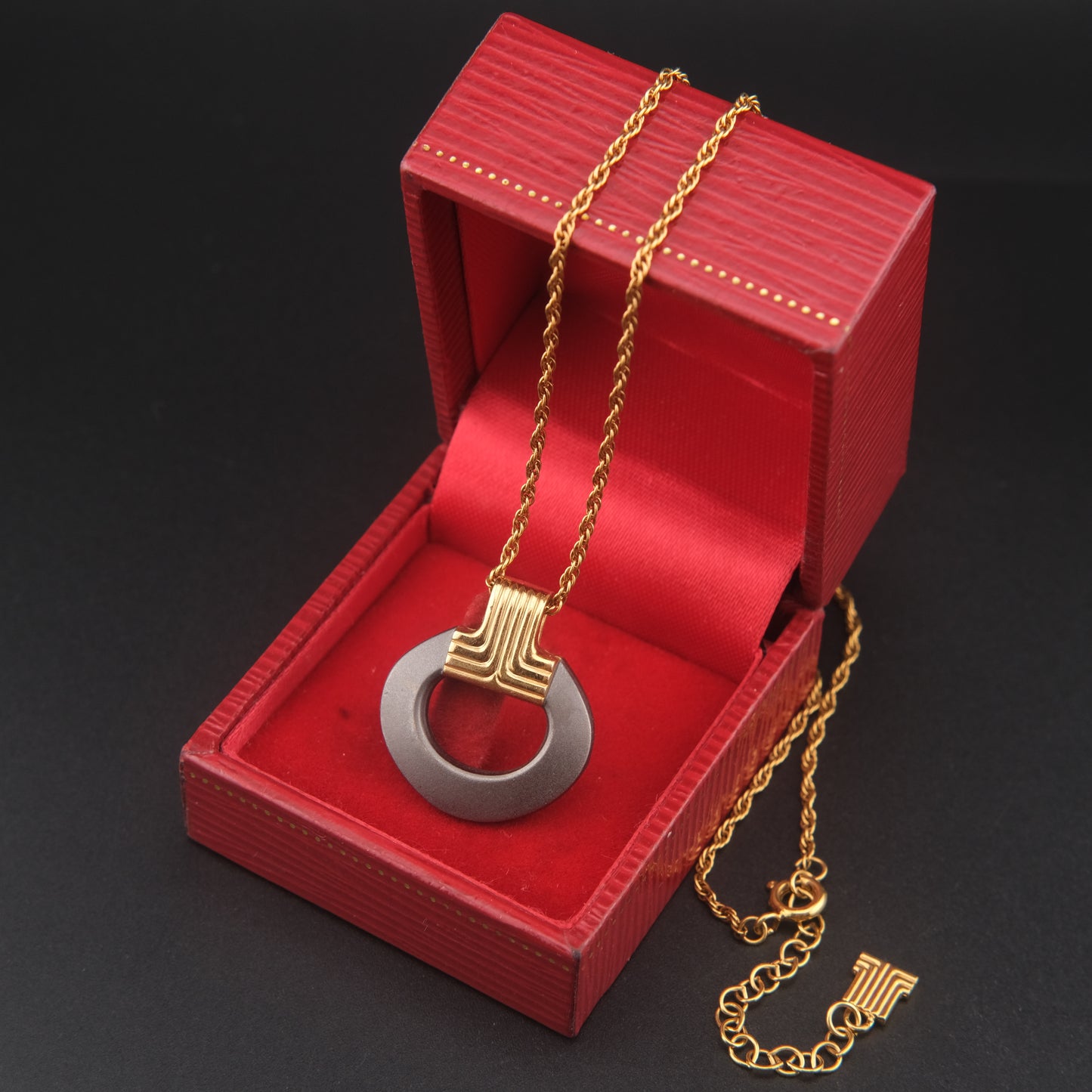 Vintage Lanvin Modernist Pendant Necklace, Gold & Matte Gunmetal Circle, 1980s Designer Jewelry