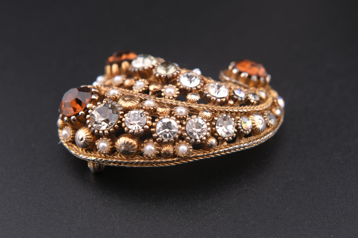 Vintage Nina Ricci Paisley Brooch – Gold-Tone with Rhinestones & Faux Pearls