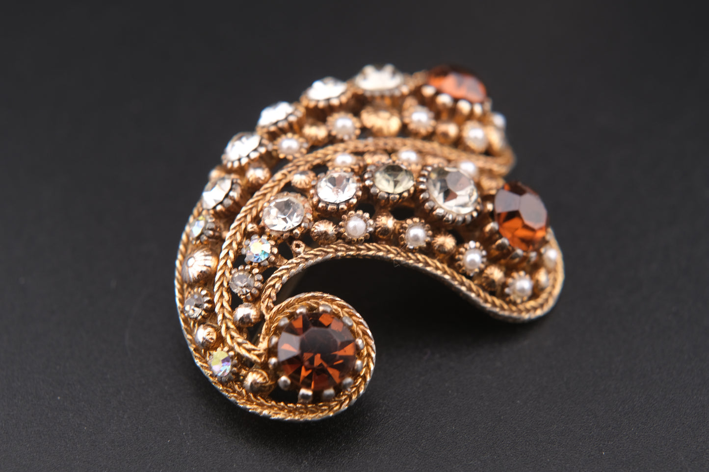 Vintage Nina Ricci Paisley Brooch – Gold-Tone with Rhinestones & Faux Pearls