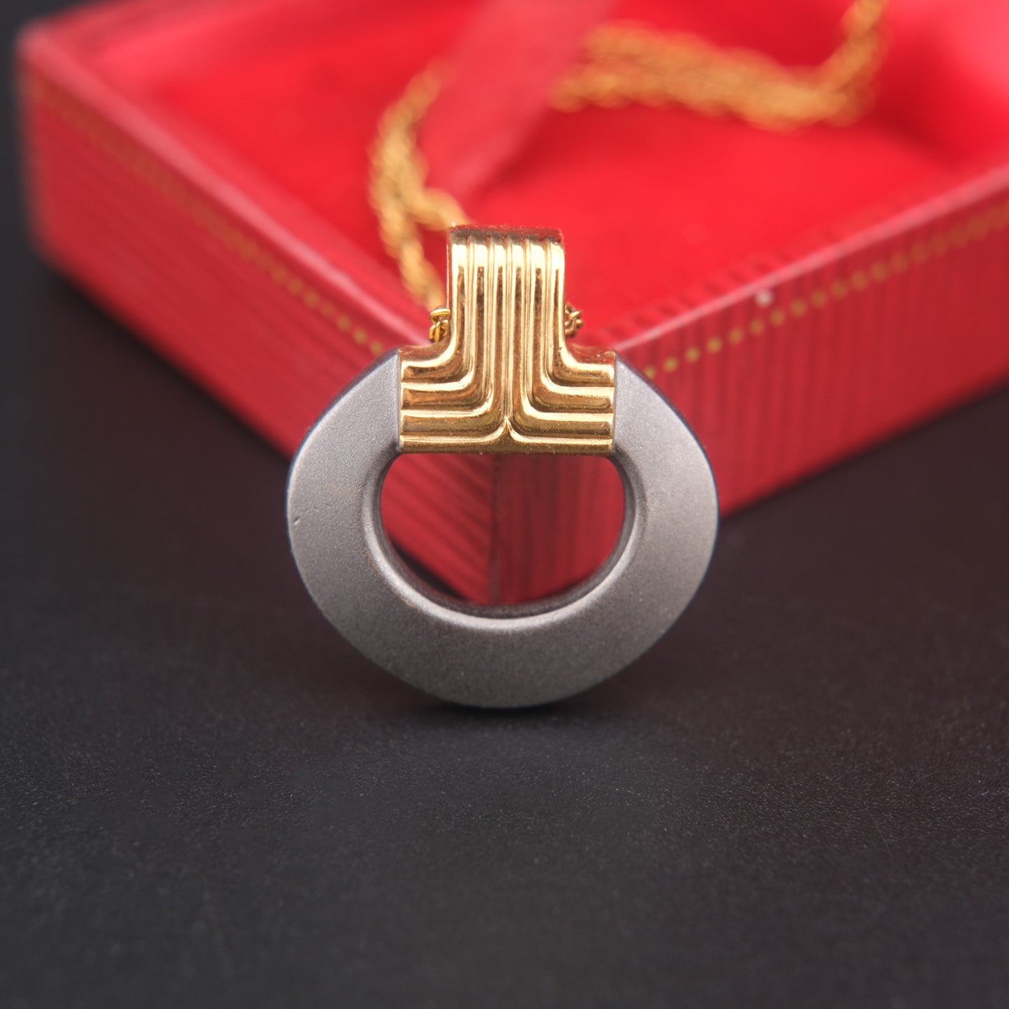 Vintage Lanvin Modernist Pendant Necklace, Gold & Matte Gunmetal Circle, 1980s Designer Jewelry