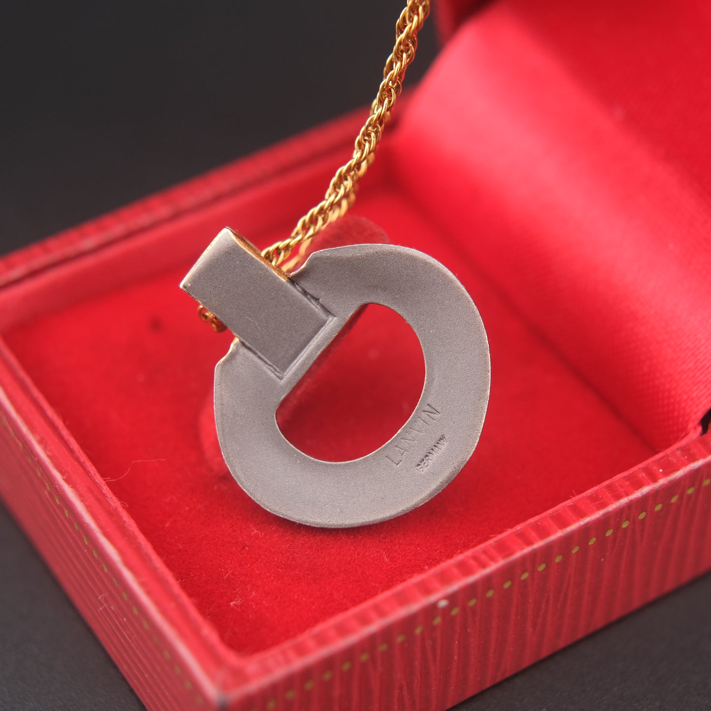 Vintage Lanvin Modernist Pendant Necklace, Gold & Matte Gunmetal Circle, 1980s Designer Jewelry