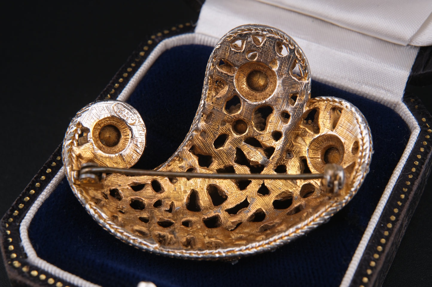 Vintage Nina Ricci Paisley Brooch – Gold-Tone with Rhinestones & Faux Pearls