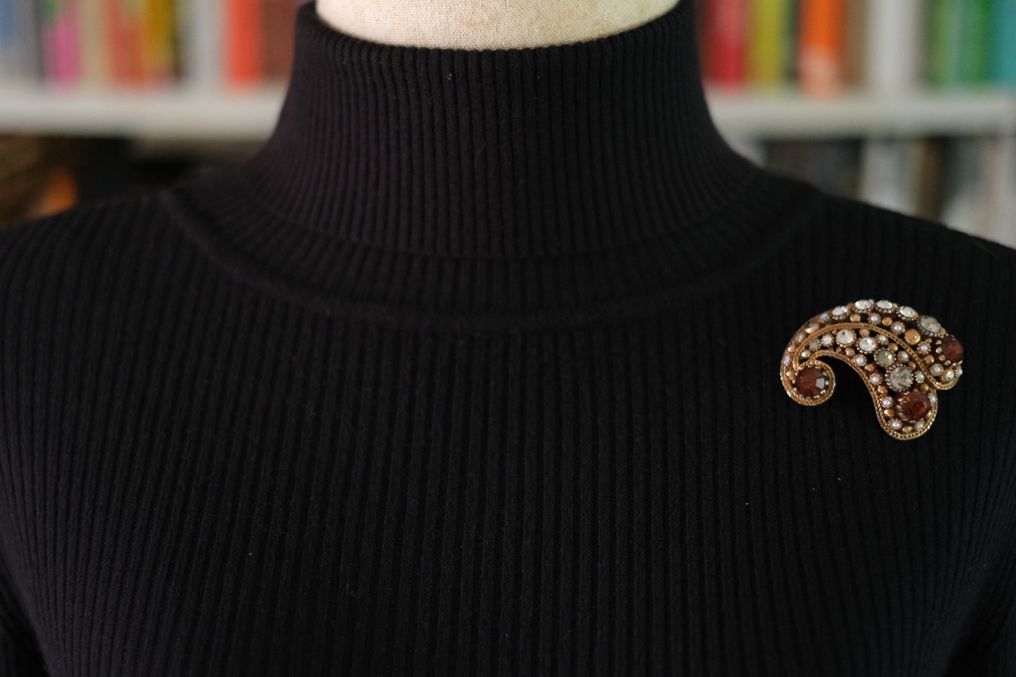 Vintage Nina Ricci Paisley Brooch – Gold-Tone with Rhinestones & Faux Pearls