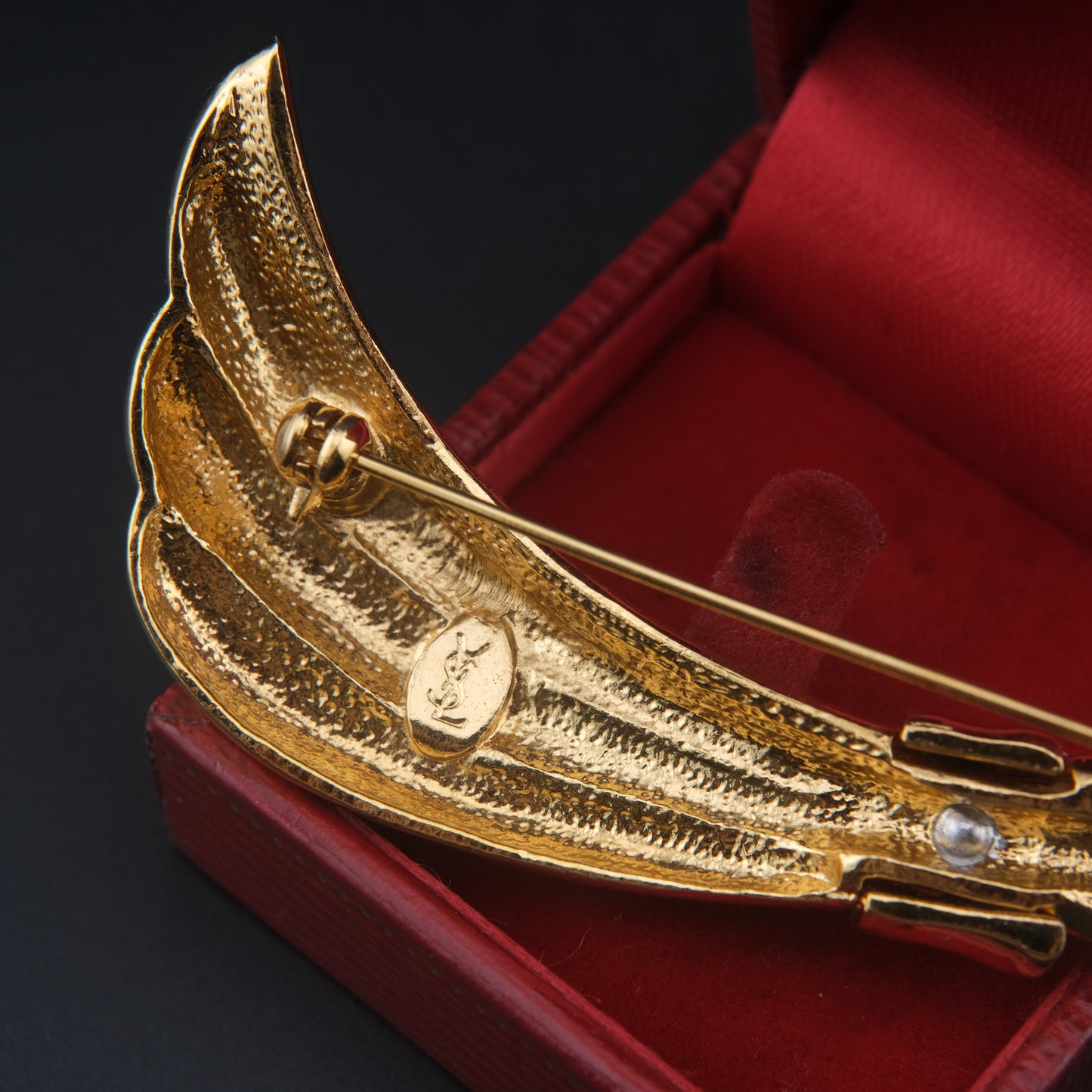 Vintage Yves Saint Laurent Gold-Tone Ribbon Brooch with Rhinestones – 3"