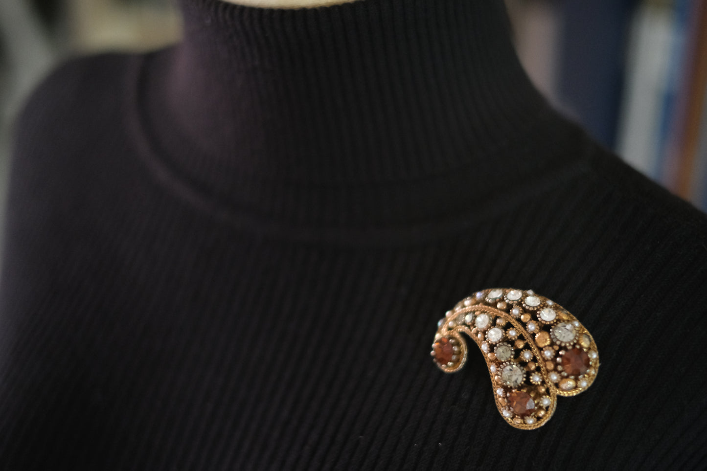Vintage Nina Ricci Paisley Brooch – Gold-Tone with Rhinestones & Faux Pearls
