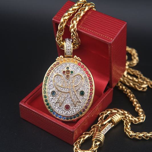 Vintage Swarovski Locket Pendant Necklace, Gold-Tone with Multicolor Crystals, Rope Chain
