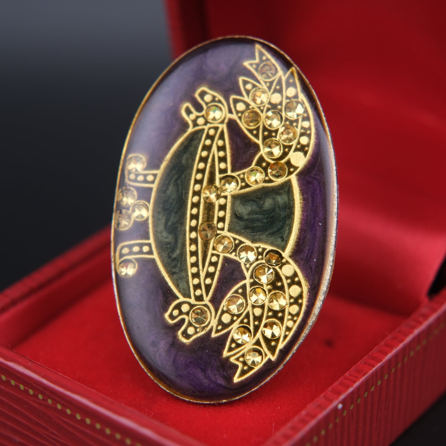 Vintage Art Deco-Style Enamel & Rhinestone Oval Brooch