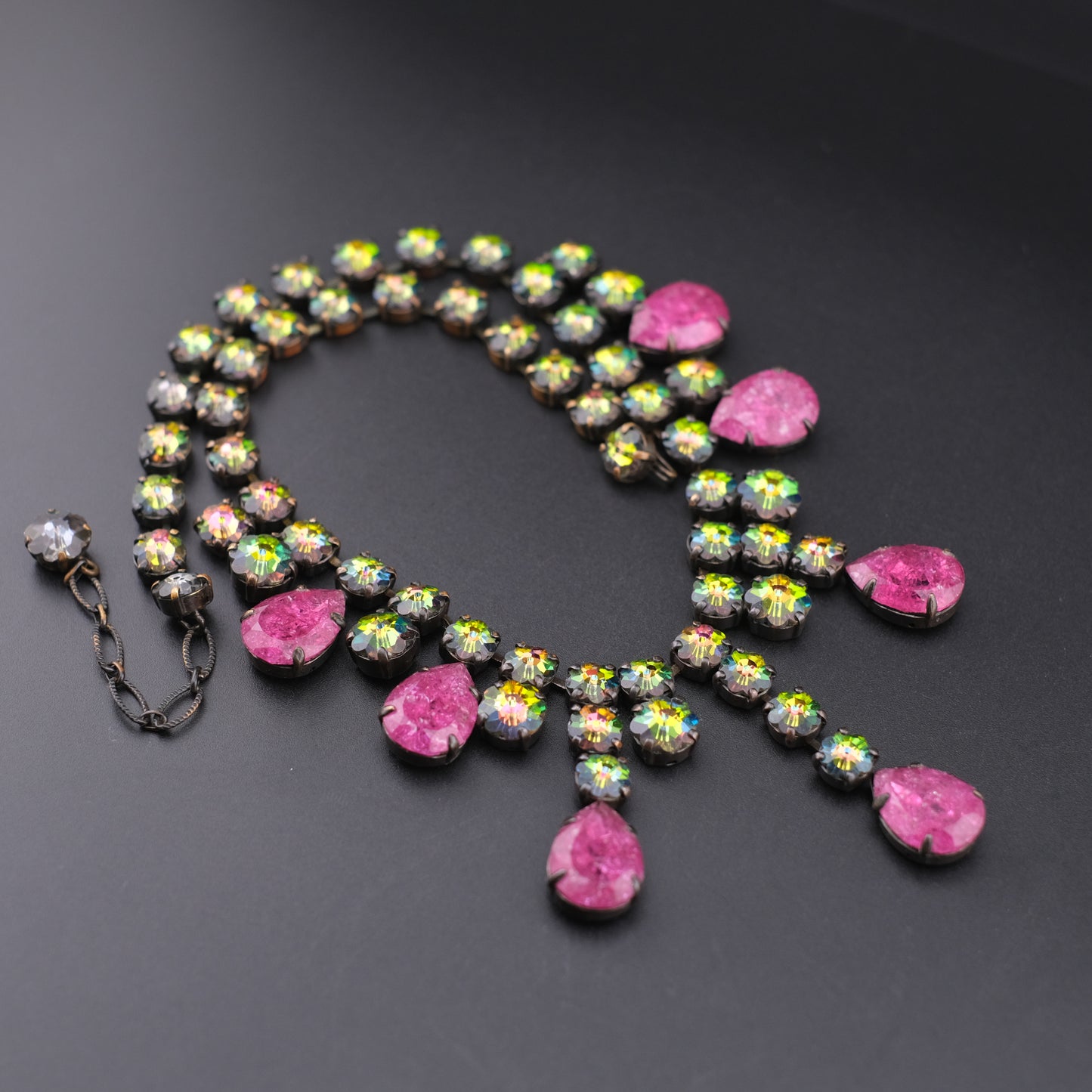 Vintage Statement Necklace with Pink Teardrop Stones & Aurora Borealis Rhinestones
