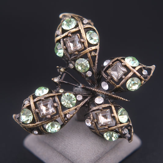 ❤️ Vintage Butterfly Rhinestone Brooch Domed Openwork Antique Gold Oxidized Cage
