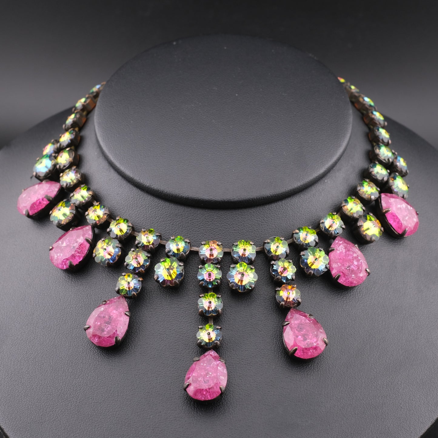 Vintage Statement Necklace with Pink Teardrop Stones & Aurora Borealis Rhinestones