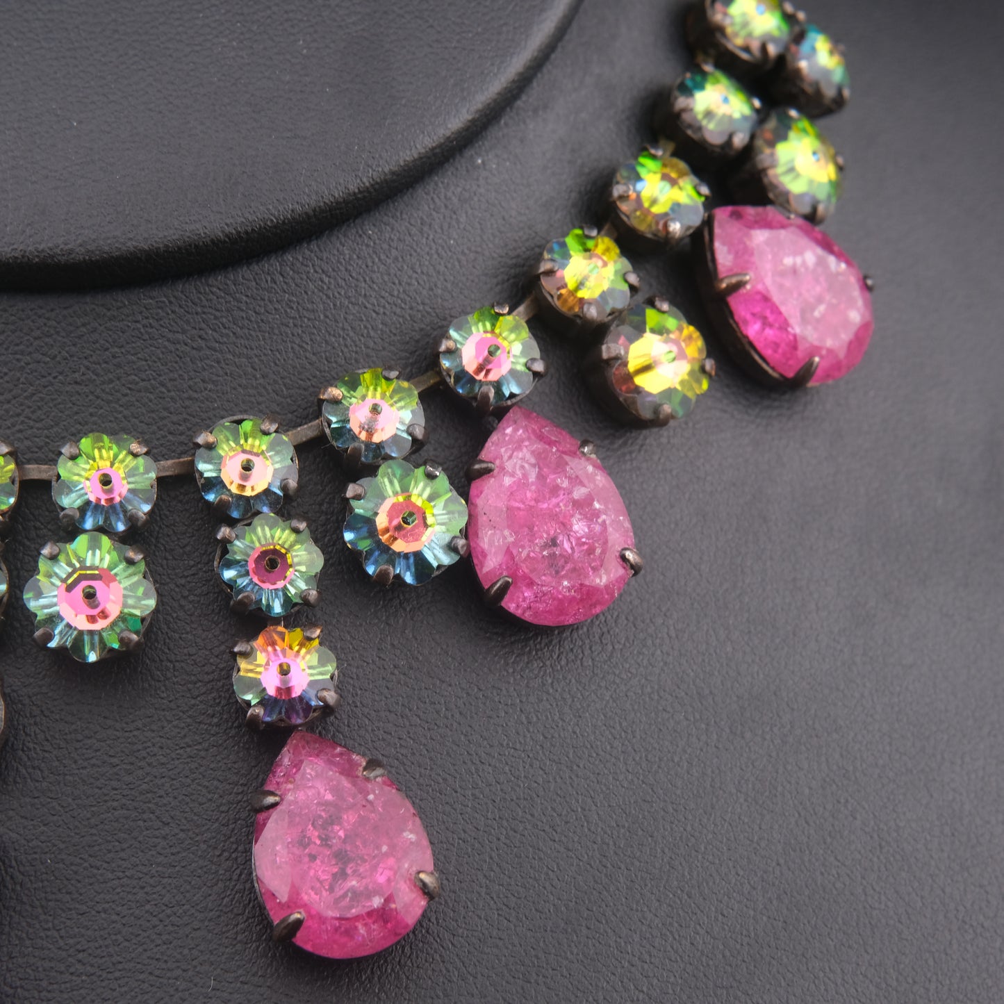Vintage Statement Necklace with Pink Teardrop Stones & Aurora Borealis Rhinestones