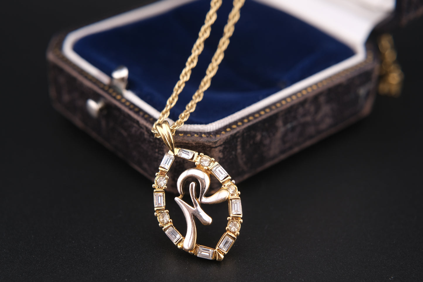 Vintage Nina Ricci Two-Tone Monogram Pendant Necklace with Rhinestones (1980s)