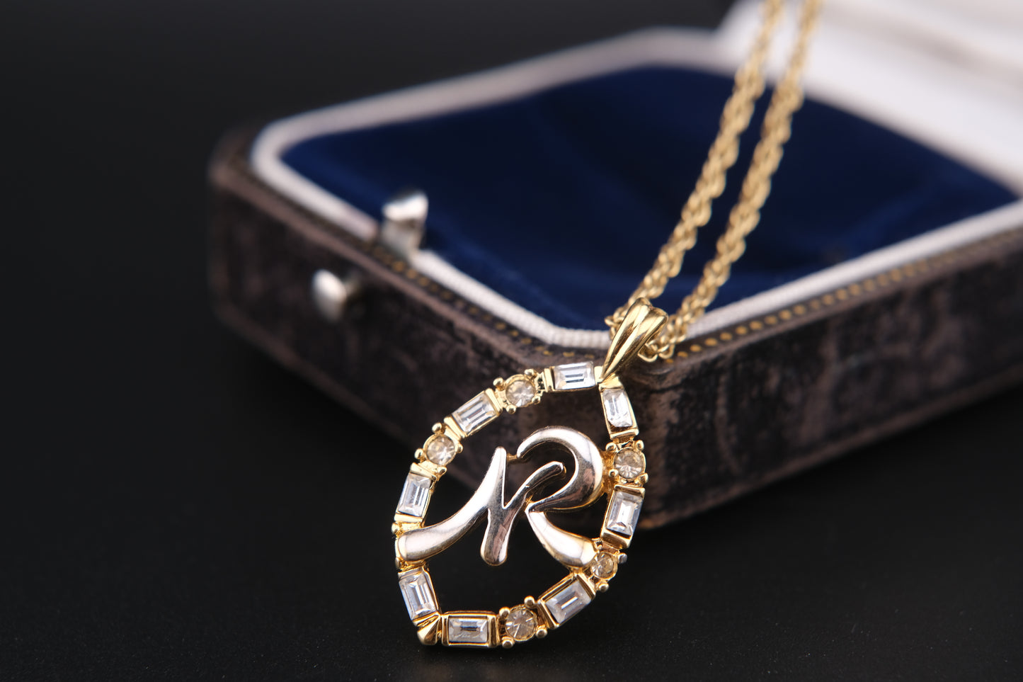 Vintage Nina Ricci Two-Tone Monogram Pendant Necklace with Rhinestones (1980s)