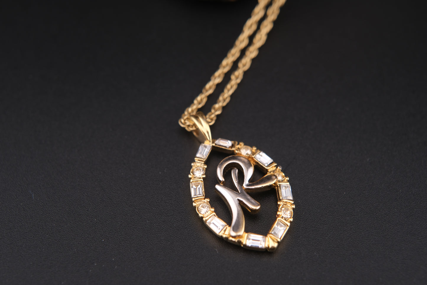 Vintage Nina Ricci Two-Tone Monogram Pendant Necklace with Rhinestones (1980s)