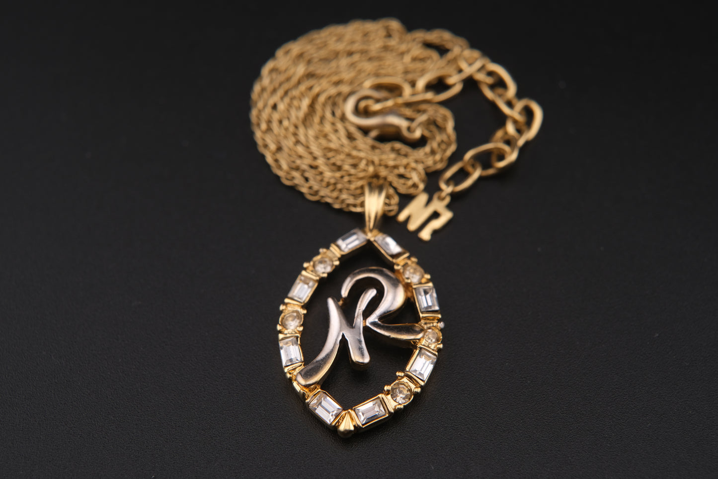 Vintage Nina Ricci Two-Tone Monogram Pendant Necklace with Rhinestones (1980s)