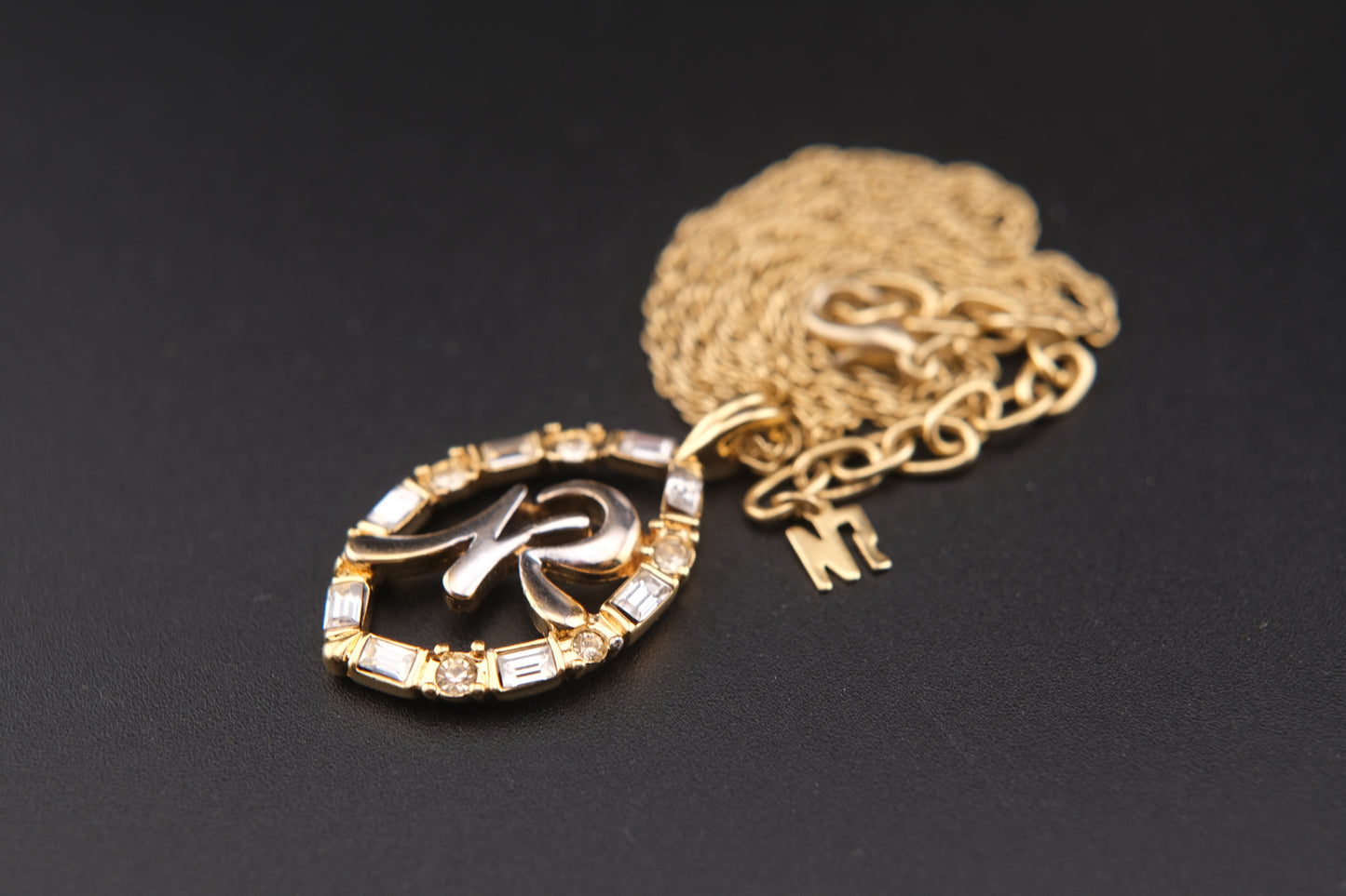 Vintage Nina Ricci Two-Tone Monogram Pendant Necklace with Rhinestones (1980s)