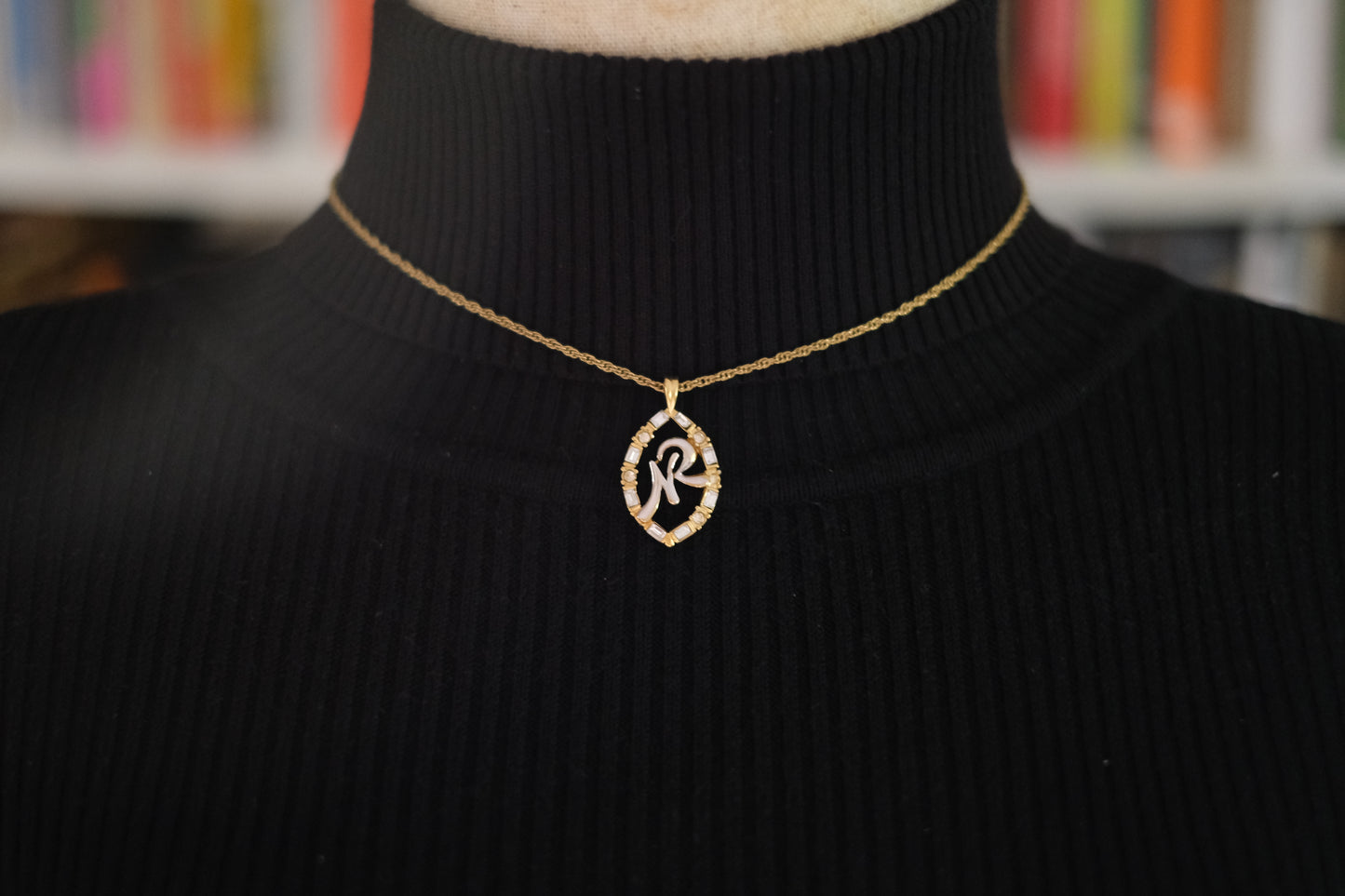 Vintage Nina Ricci Two-Tone Monogram Pendant Necklace with Rhinestones (1980s)