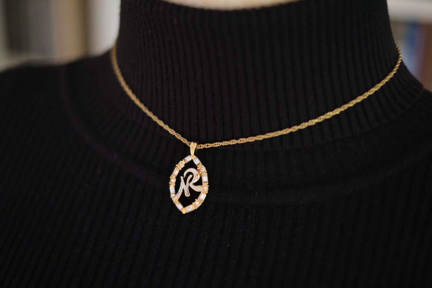 Vintage Nina Ricci Two-Tone Monogram Pendant Necklace with Rhinestones (1980s)