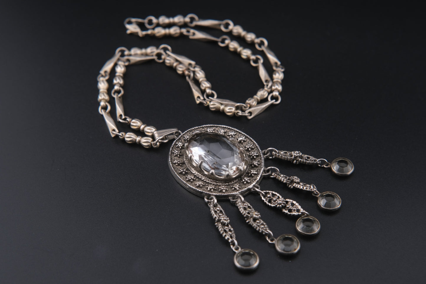 ✧ Vintage Signed Goldette Necklace – Victorian Revival Crystal Pendant ✧