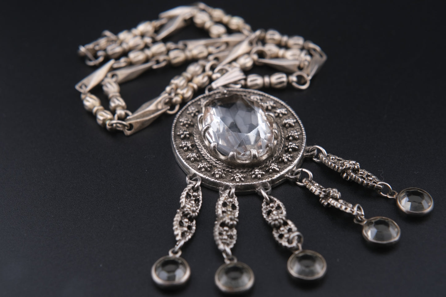 ✧ Vintage Signed Goldette Necklace – Victorian Revival Crystal Pendant ✧