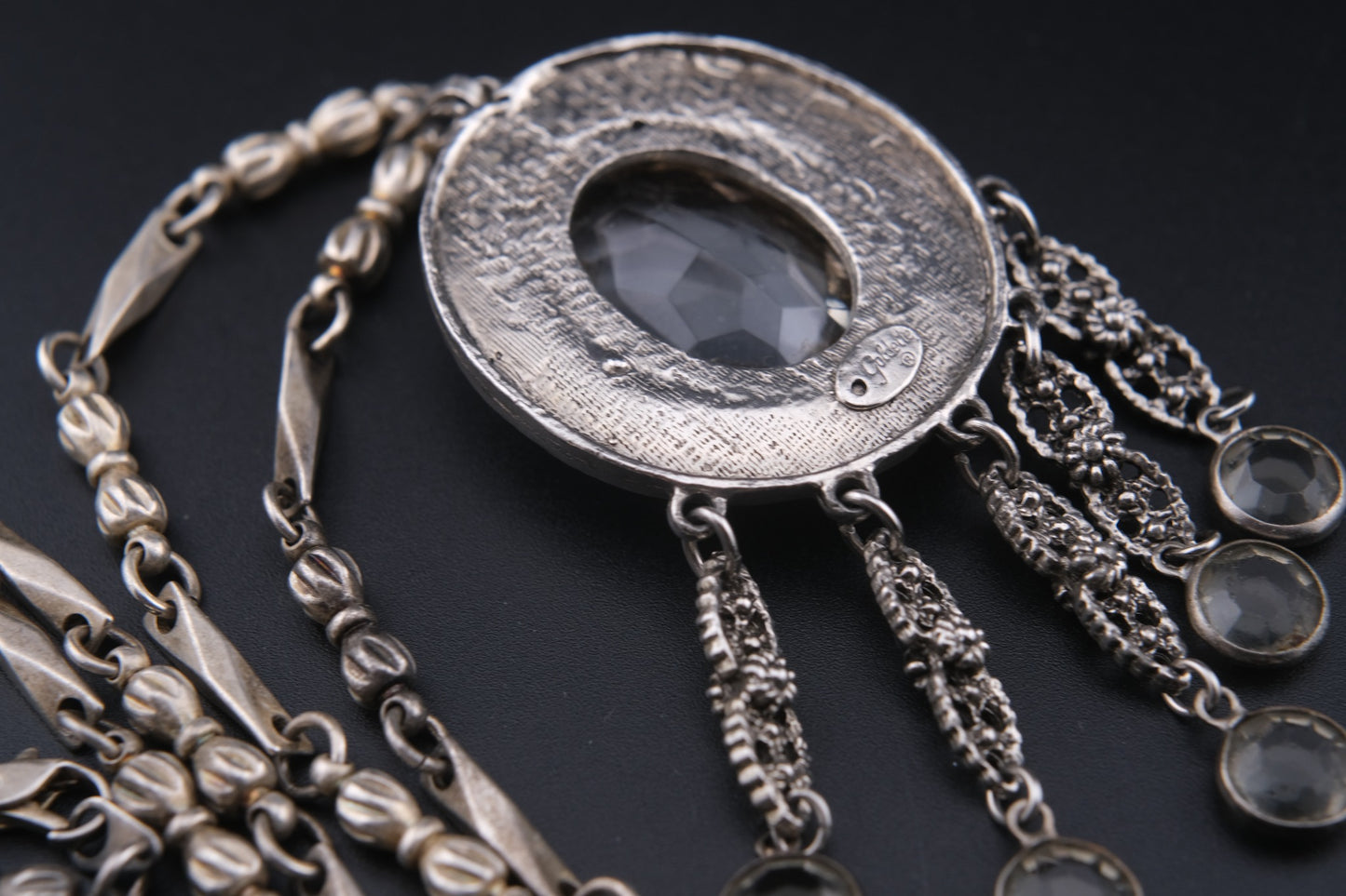 ✧ Vintage Signed Goldette Necklace – Victorian Revival Crystal Pendant ✧